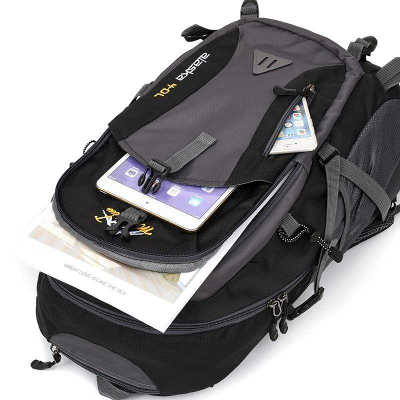 medium-mountain-black-backpack-bag-with-charger-for-camping-walking-hiking-fishing-climbing-with-items-inside